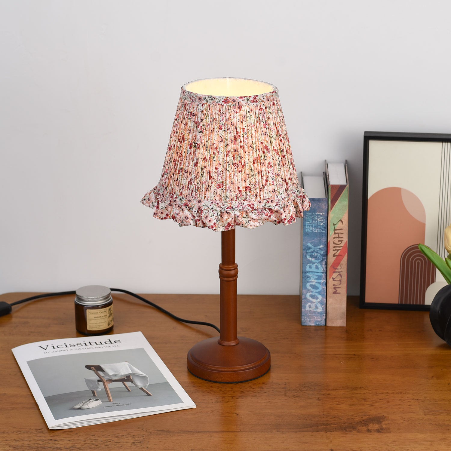 Pink Floral Table Lamp Bamboo Wood Base 12W Warm
