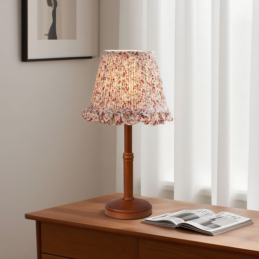 Pink Floral Table Lamp Bamboo Wood Base 12W Warm