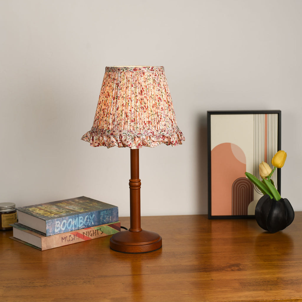 Pink Floral Table Lamp Bamboo Wood Base 12W Warm