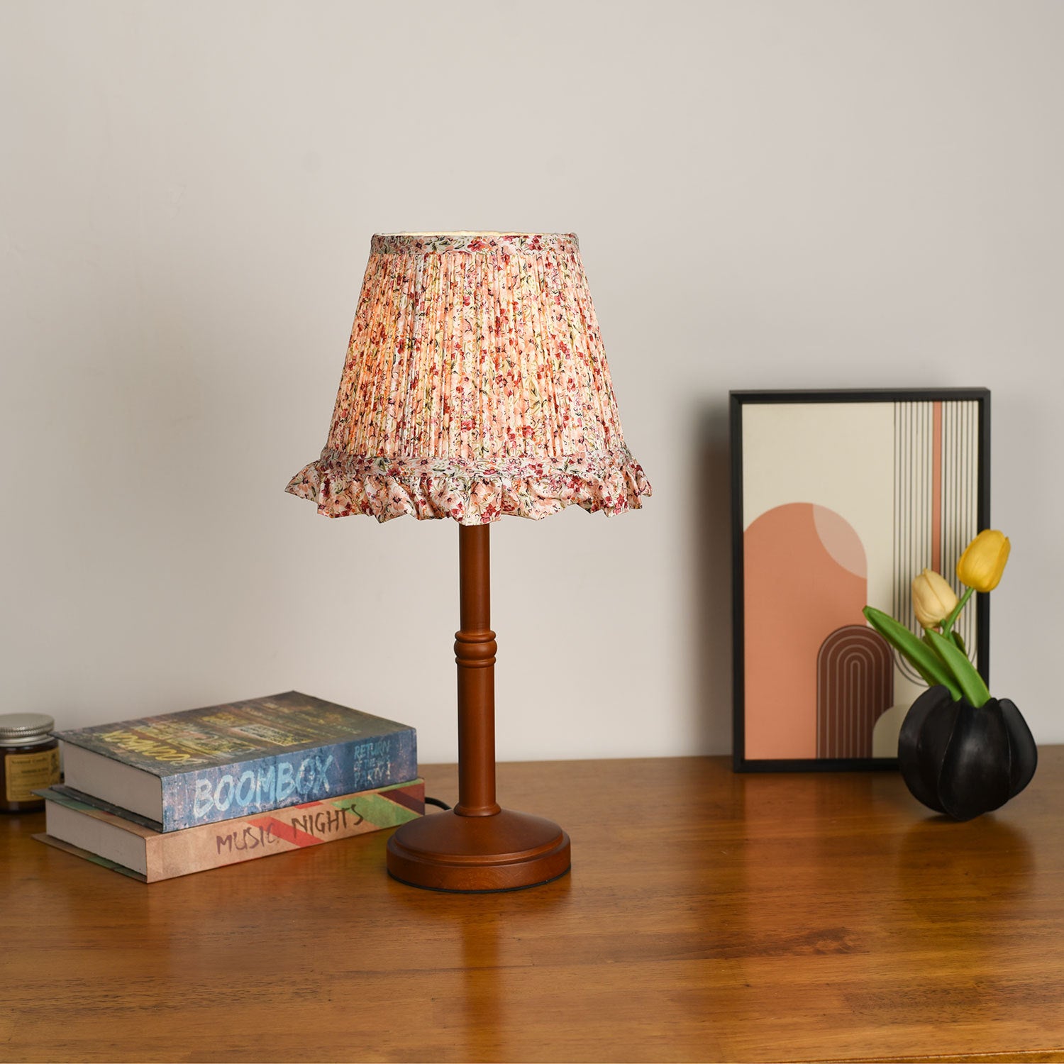 Pink Floral Table Lamp Bamboo Wood Base 12W Warm