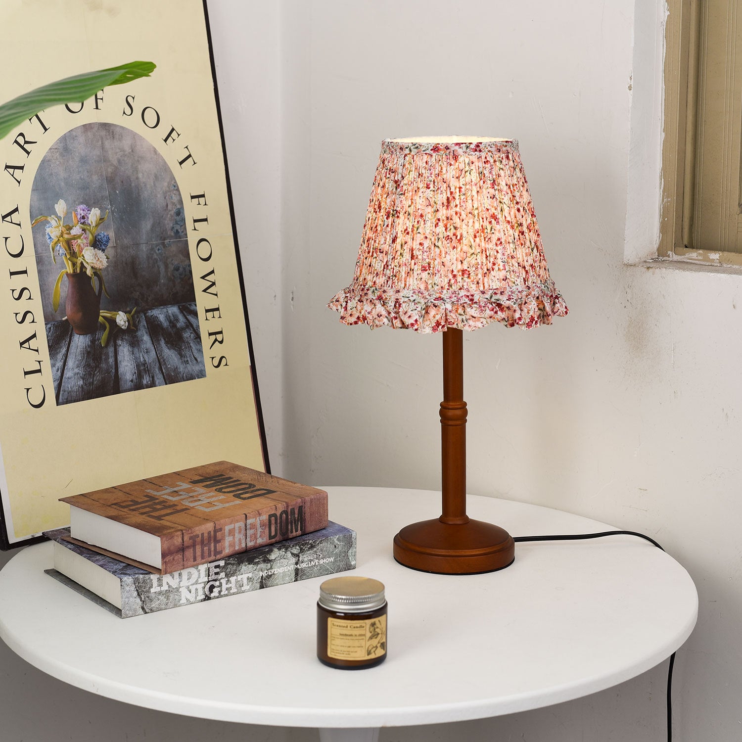 Pink Floral Table Lamp Bamboo Wood Base 12W Warm