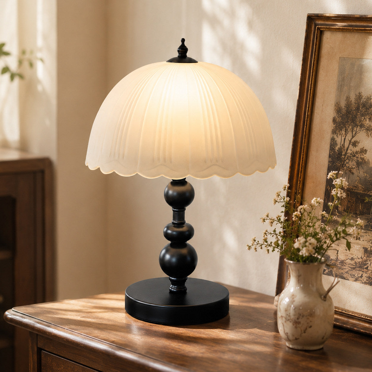 Black Column Table Lamp Frosted Shade Warm Light