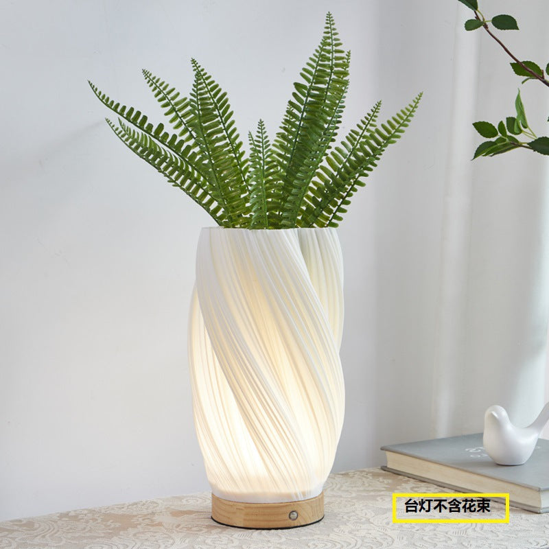 White Twist Vase Table Lamp Bamboo Wood Base