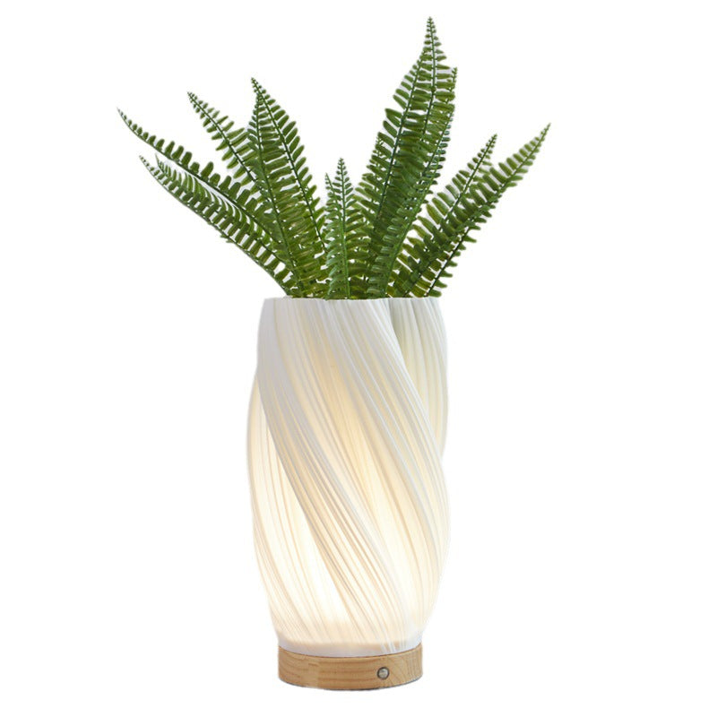 White Twist Vase Table Lamp Bamboo Wood Base